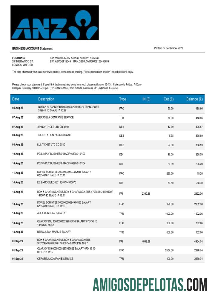 Imprimível ANZ Bank Corporate Statement modelo Word e PDF
